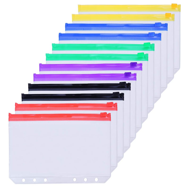 Antner 12PCS A5 Binder Pockets 6-Hole Budget Cash Envelopes for A5 6-Ring Binder, Multicolor Zipper Pouches for Planner Inserts, Money Organizer Bags Savings Challenge Envelopes for Cash Stuffing - Image 1